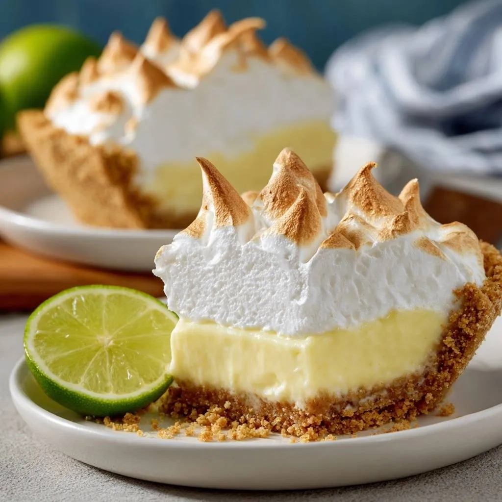 Key lime meringue pie slice cross-section showing the graham cracker crust, lime filling, and toasted meringue topping.