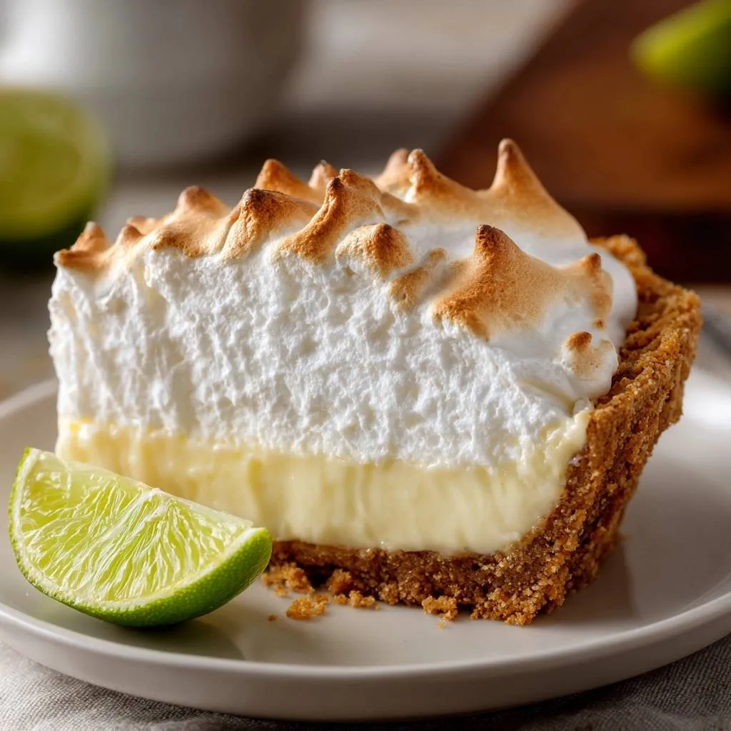 Key lime meringue pie slice with flame-kissed meringue peaks and a fresh lime wedge on a white plate