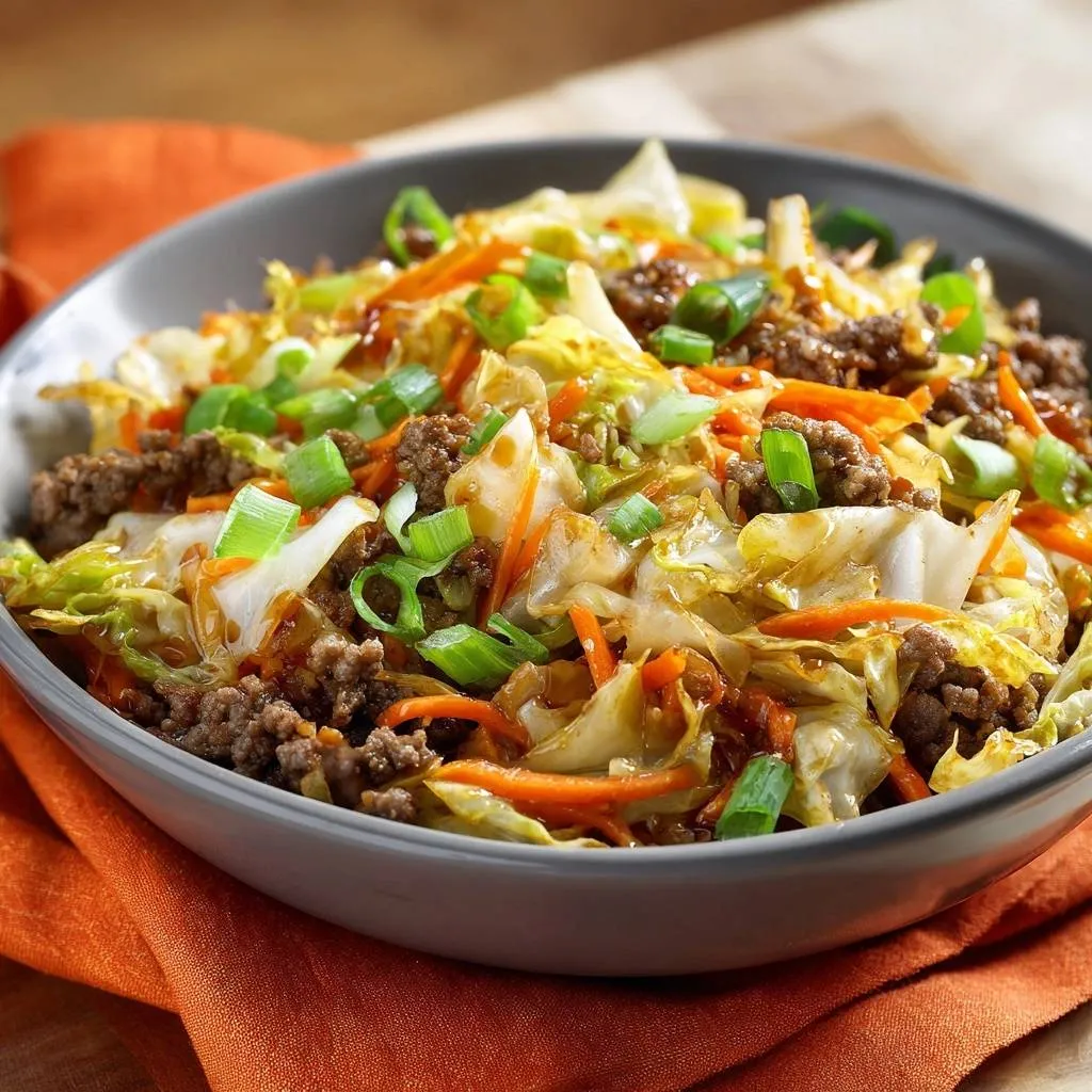 Korean beef cabbage bowl with crisp veggies and scallion garnish in a close-up view of the bowl.