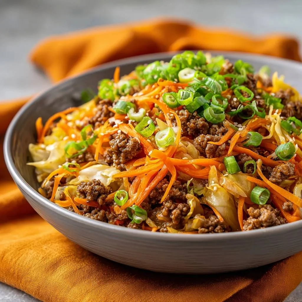Korean beef cabbage bowl with crisp veggies and a generous topping of fresh green scallions.