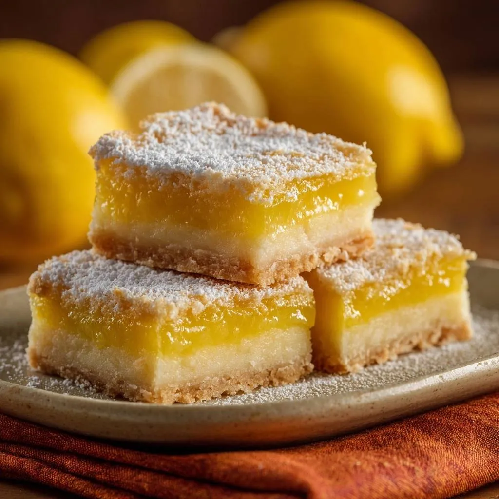Perfect lemon bars stacked on a plate, showing a close-up of their firm crust and bright lemon filling.