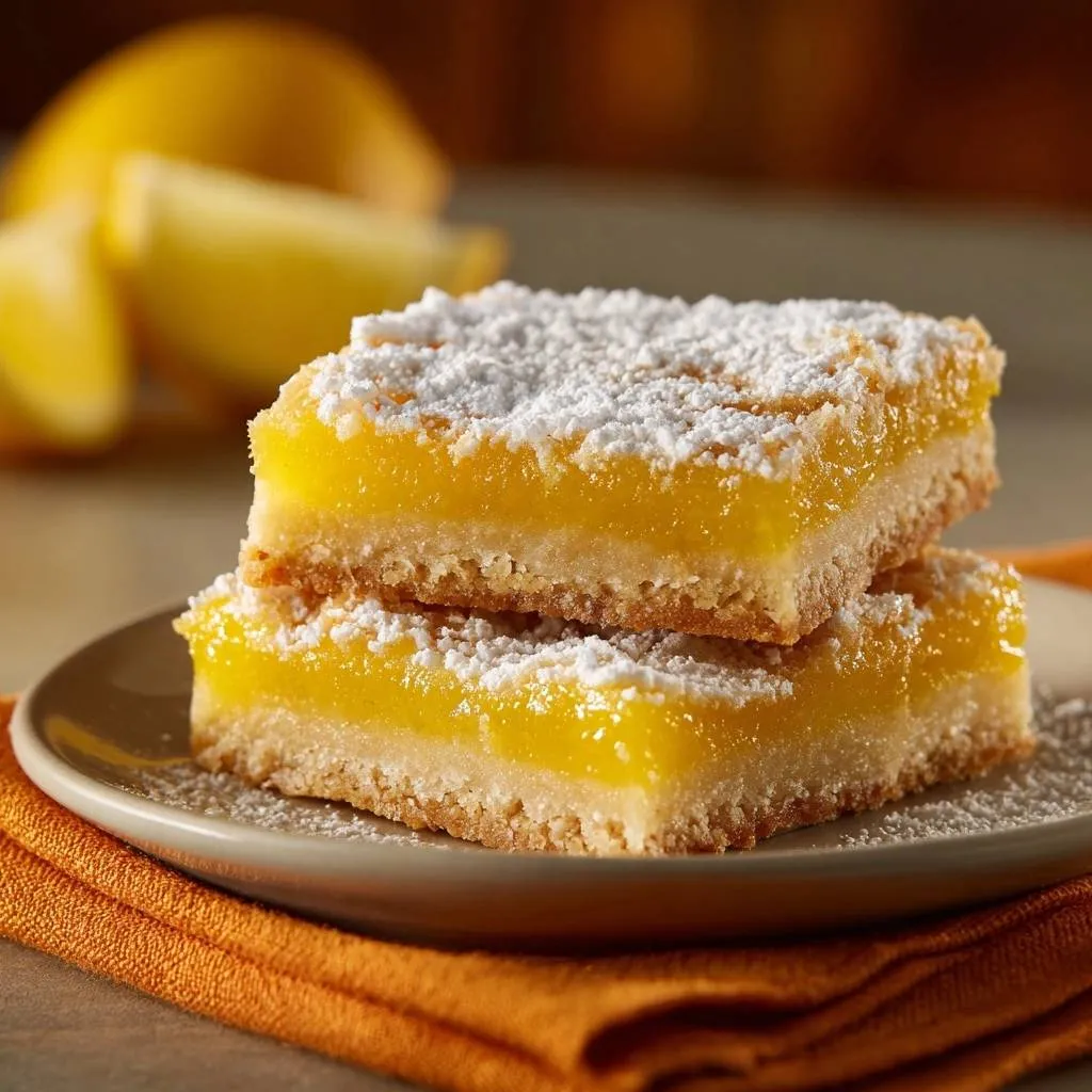 Perfect lemon bars stacked on a plate, dusted with powdered sugar, showcasing their firm texture.