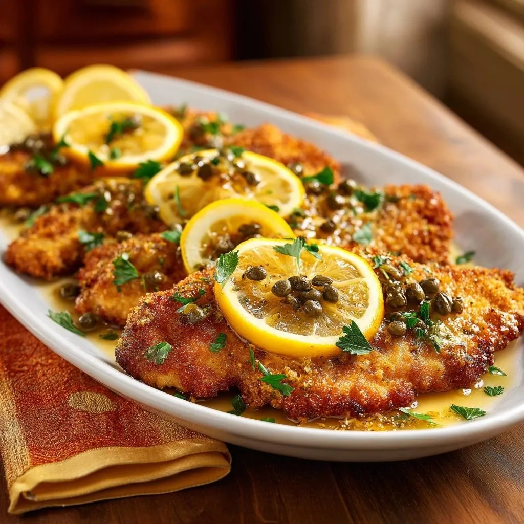 Crispy Lemon Caper Chicken Piccata plated and garnished with lemon slices and capers.
