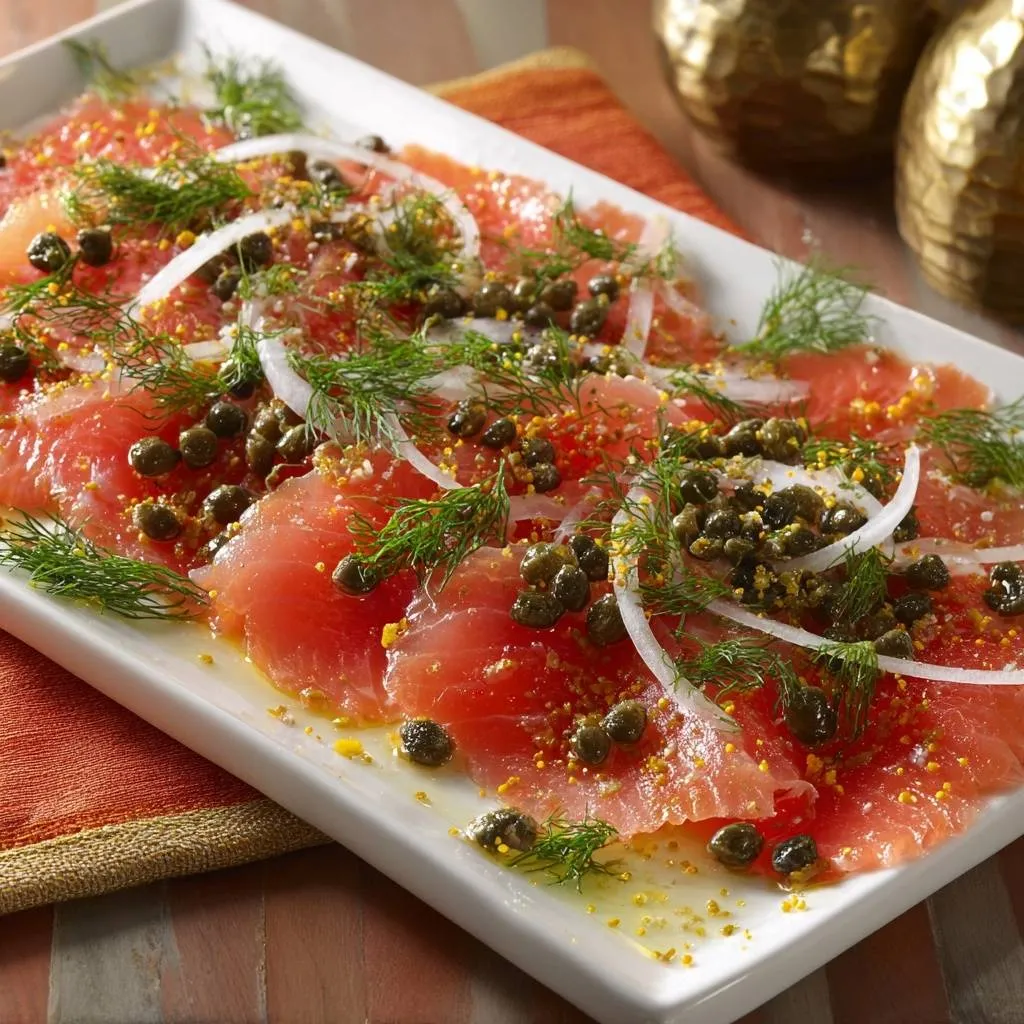 Lemon dill salmon carpaccio featuring perfectly thin slices arranged on a white platter with capers and dill.