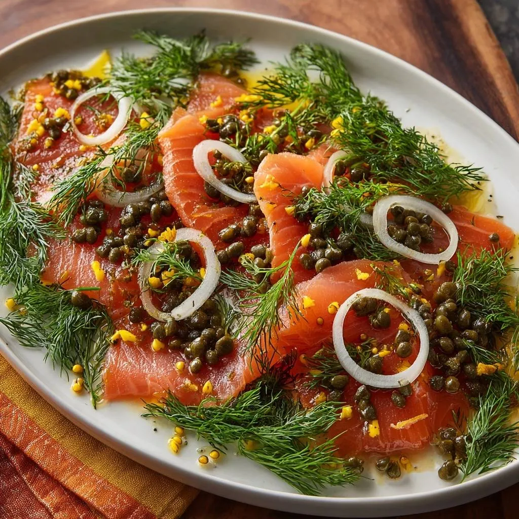 Lemon Dill Salmon Carpaccio featuring thinly sliced salmon arranged with dill, capers, and onion rings.