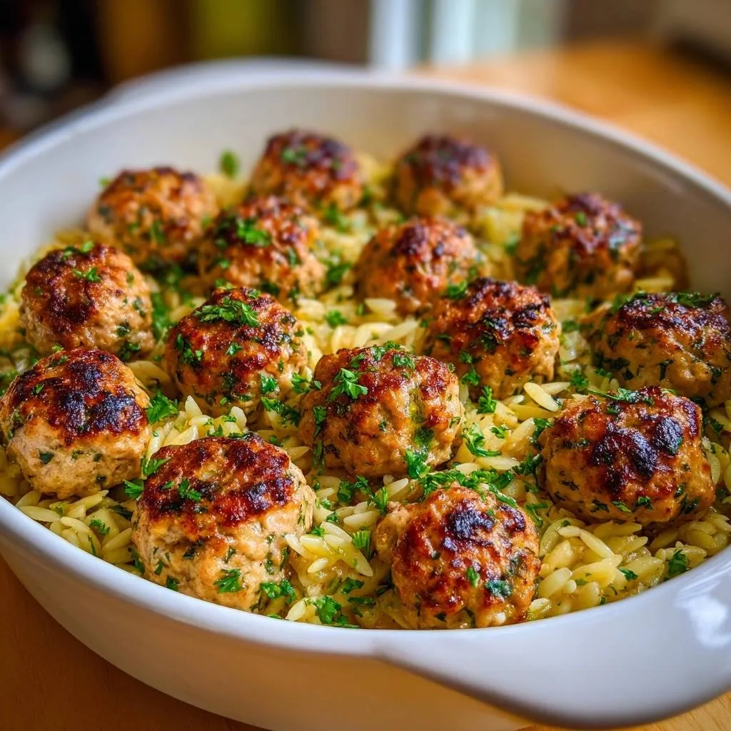 Lemon herb chicken meatballs with orzo pasta in a white dish, shown in a close-up view with fresh parsley garnish.