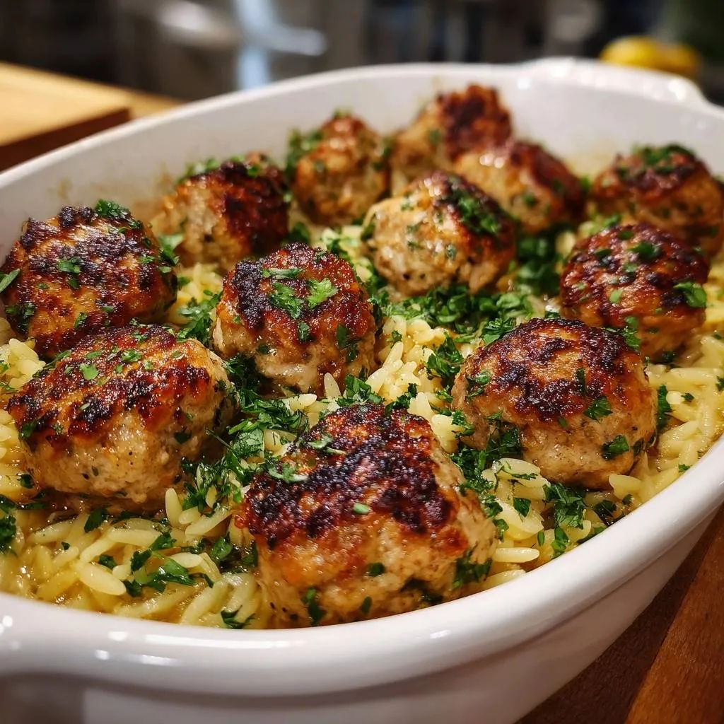 Lemon Herb Chicken Meatballs with Orzo - recipe image