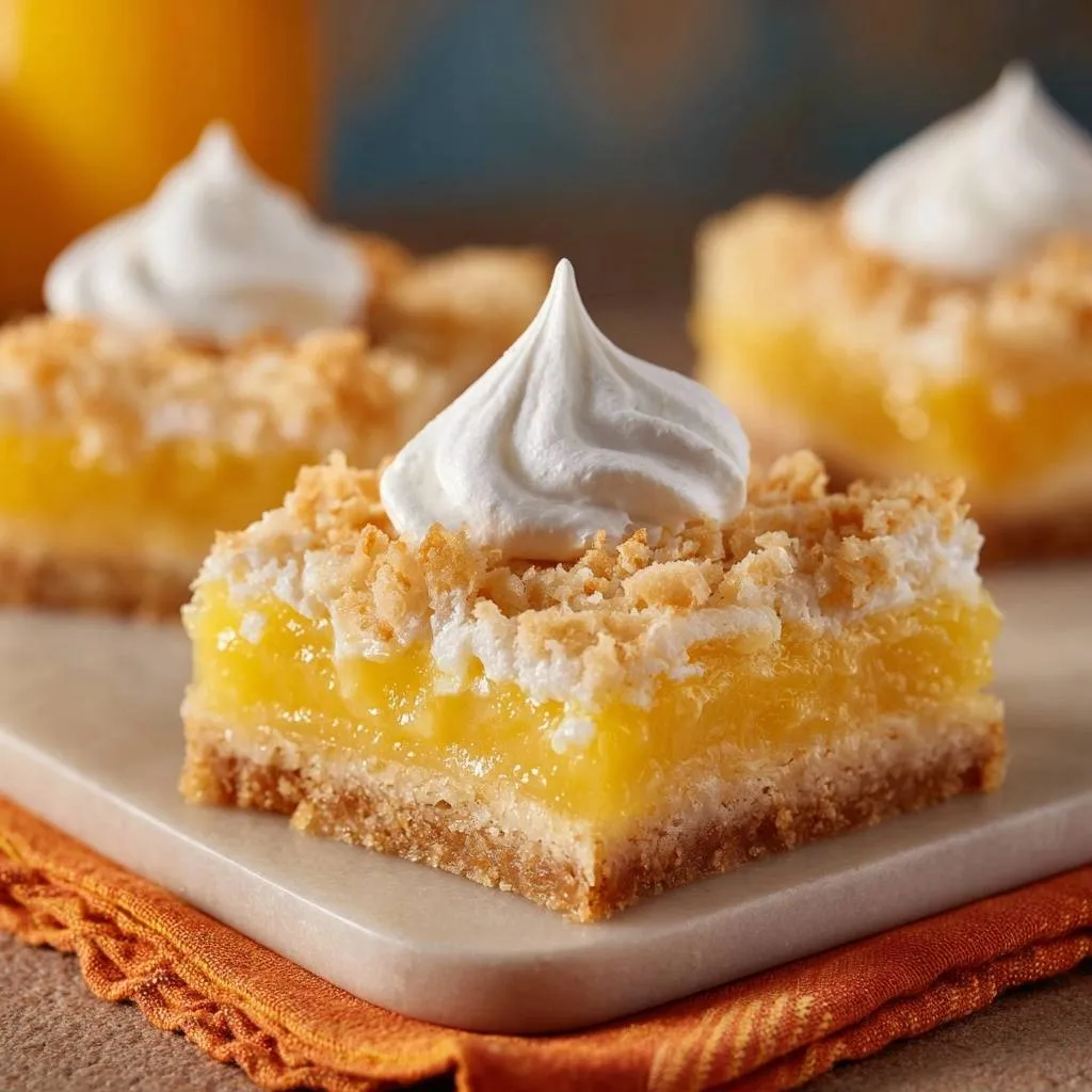 Lemon meringue crumb bars with crisp graham base, shown as a close-up slice with whipped topping and crumble.