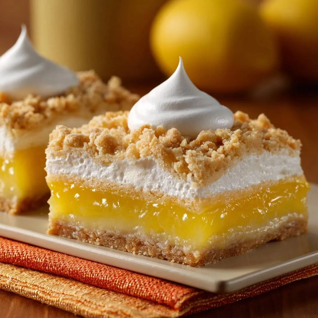 Lemon meringue crumb bars with crisp graham base shown in a close-up cross-section revealing the layers.