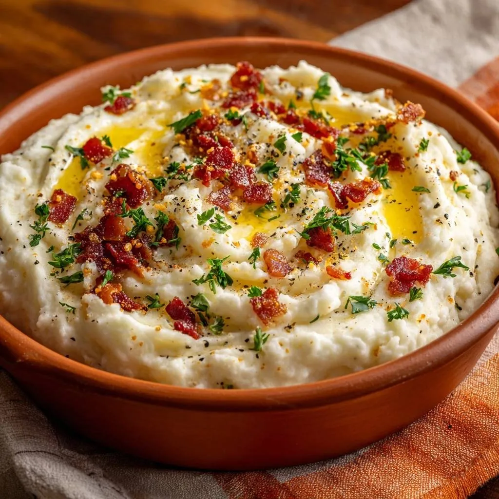 Loaded bacon mashed potatoes are generously garnished with crumbled bacon, fresh parsley, and a drizzle of butter.