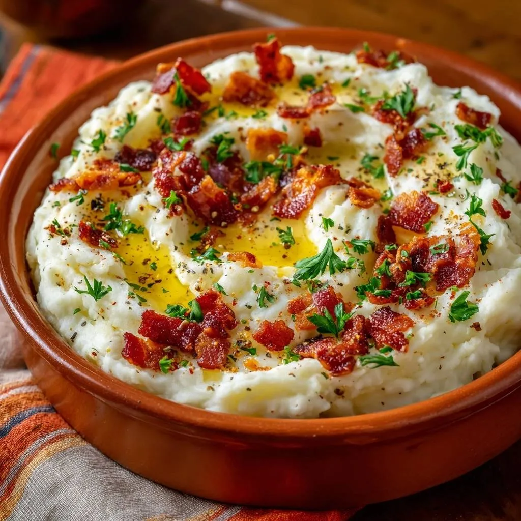 Loaded bacon mashed potatoes in a rustic bowl, generously topped with crispy bacon bits and fresh parsley.