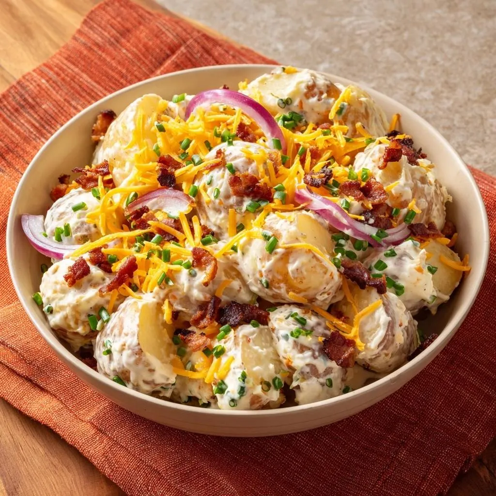 Loaded baked potato salad in a bowl, topped with cheddar cheese, bacon, red onion, and chives.