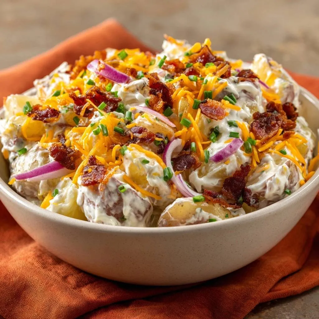 Loaded baked potato salad with a close-up view of the creamy dressing, cheese, bacon, and chives topping.