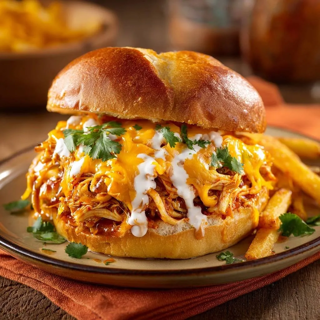Loaded BBQ pulled chicken sandwich generously topped with melted cheese and fresh cilantro garnish.
