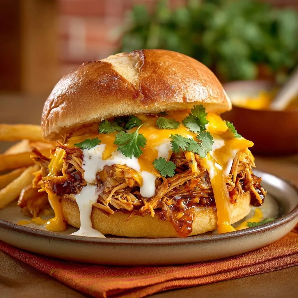 Loaded BBQ pulled chicken sandwich recipe topped with melted cheese, sour cream, and cilantro, with a side of fries.