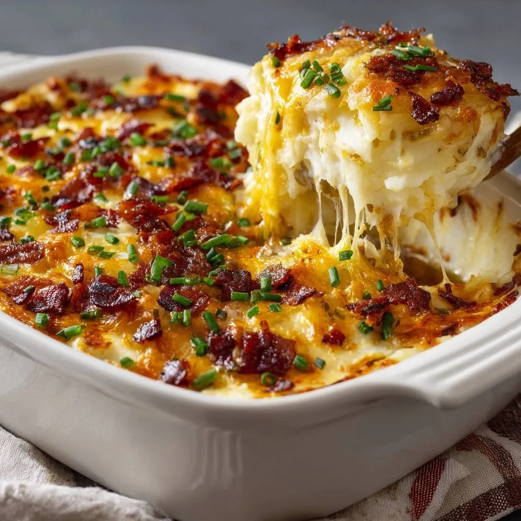 Loaded cheesy bacon potato casserole with a serving being lifted, showcasing a gooey cheese pull.