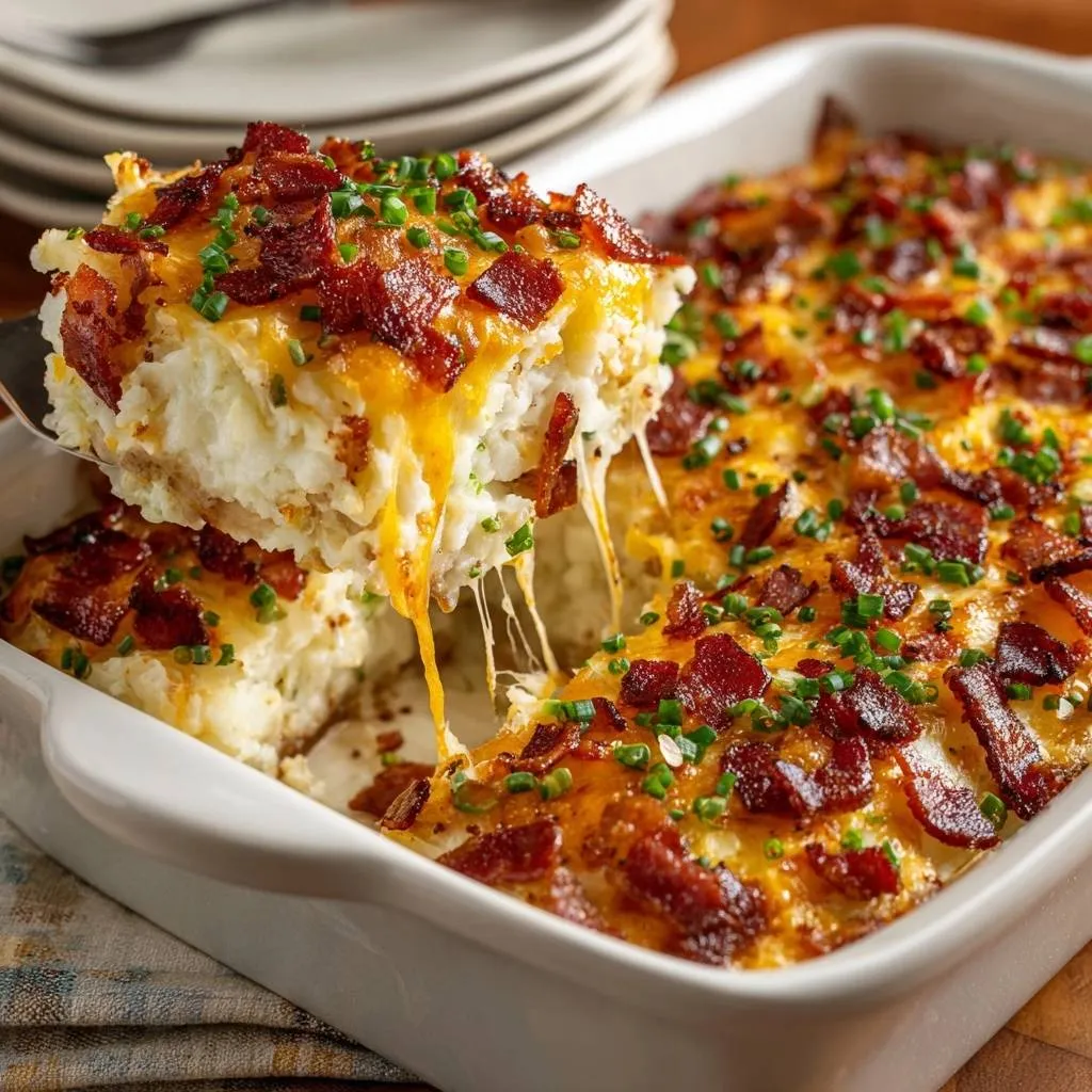 Loaded cheesy bacon potato casserole, with a generous scoop showing melted cheese strings being pulled.
