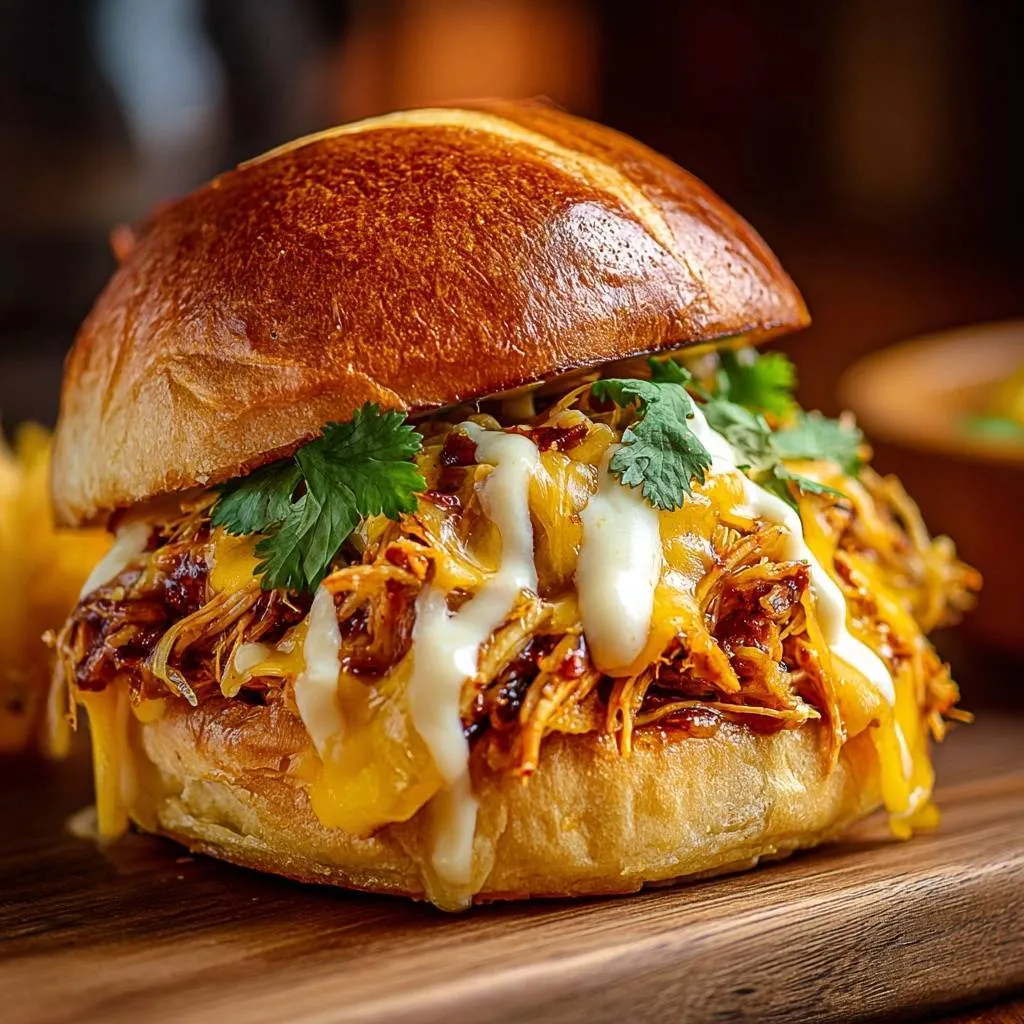 Loaded Pulled Chicken Brioche Burger Recipe - recipe image