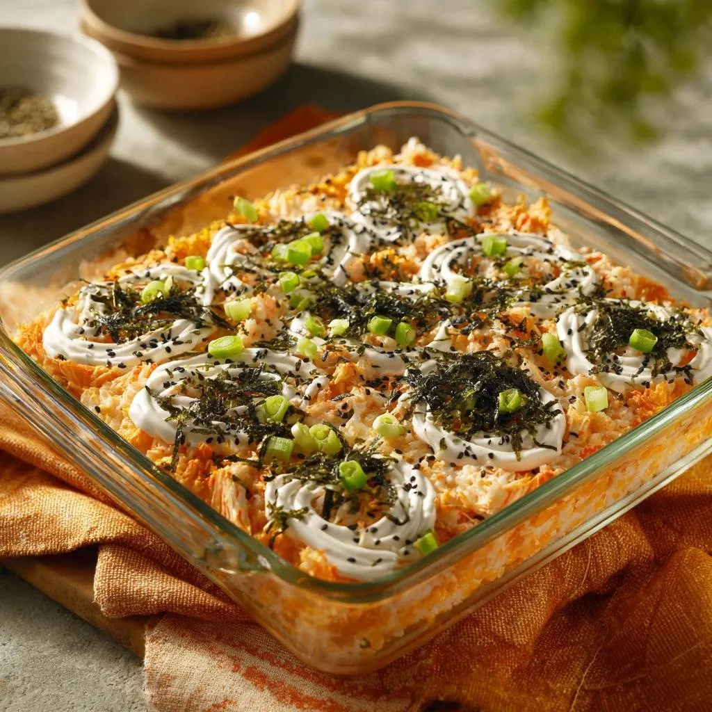 Loaded steak burrito bowl topped with creamy swirls, nori, and green onions.