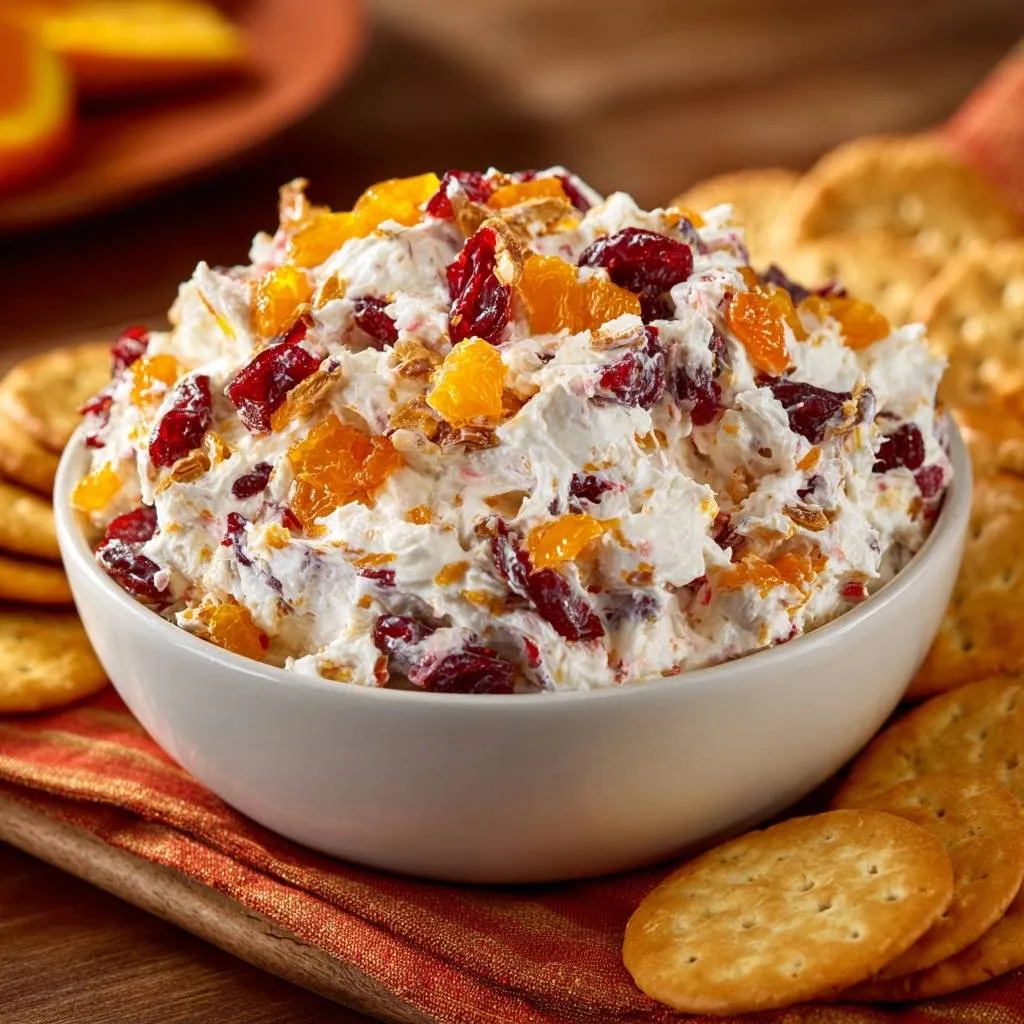 Mandarin cranberry fluff dip served in a white bowl, showcasing its thick texture and colorful fruit topping.