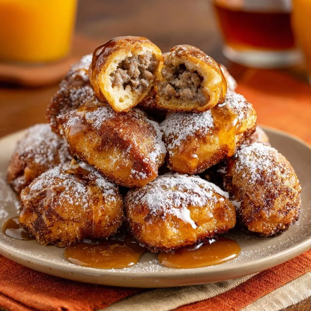 Maple sausage beignets are shown in a close-up cross-section, drizzled with syrup and dusted with powdered sugar.