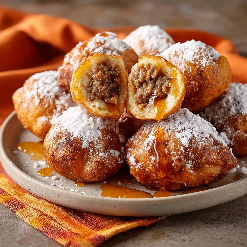 Maple sausage beignets shown in a close-up cross-section, dusted with powdered sugar and drizzled with maple syrup.