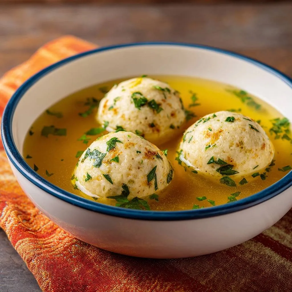 Matzo ball soup featuring three fluffy matzo balls floating in golden broth, garnished with parsley.