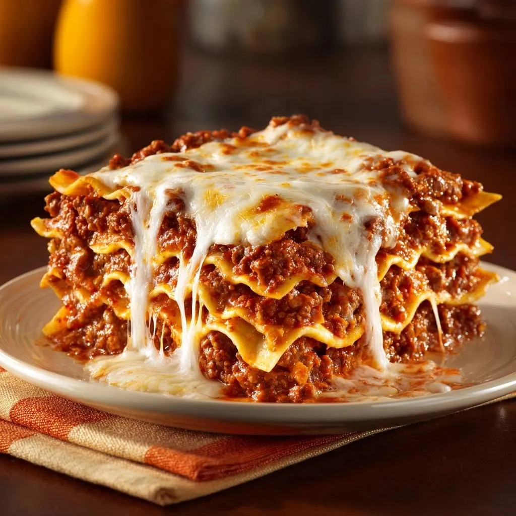 Classic meaty lasagna with stacked layers and melted cheese, shown in a close-up cross-section view.