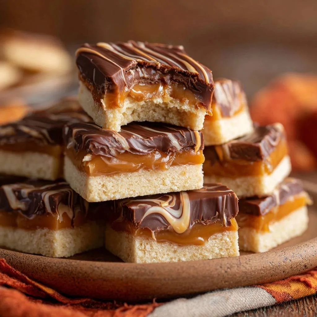 Gooey millionaire shortbread bars recipe, showing a close-up cross-section with a bite taken out of the top layer.