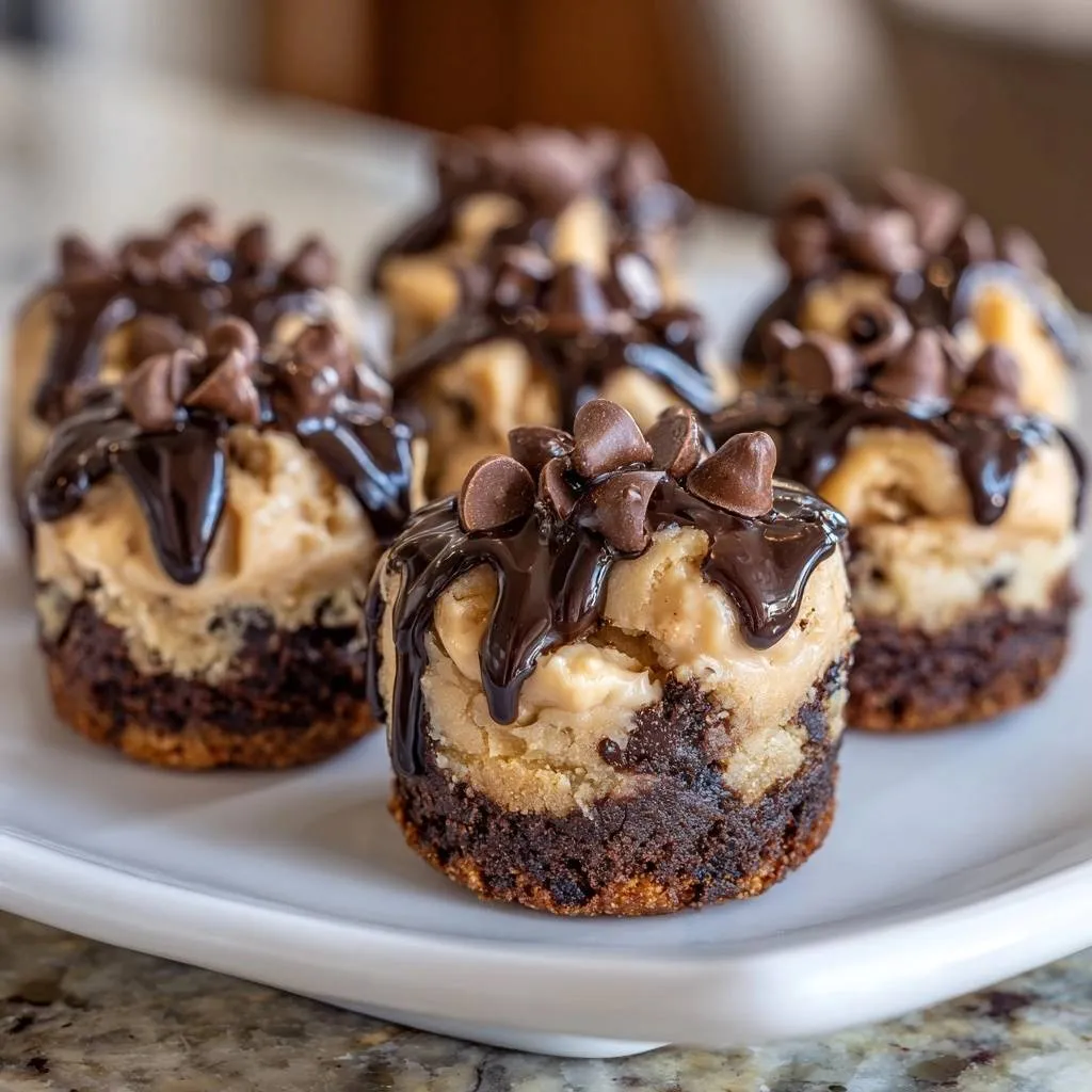 Mini peanut butter brownie cheesecakes with chocolate drizzle and chips, shown in a close-up with a shallow depth of field.