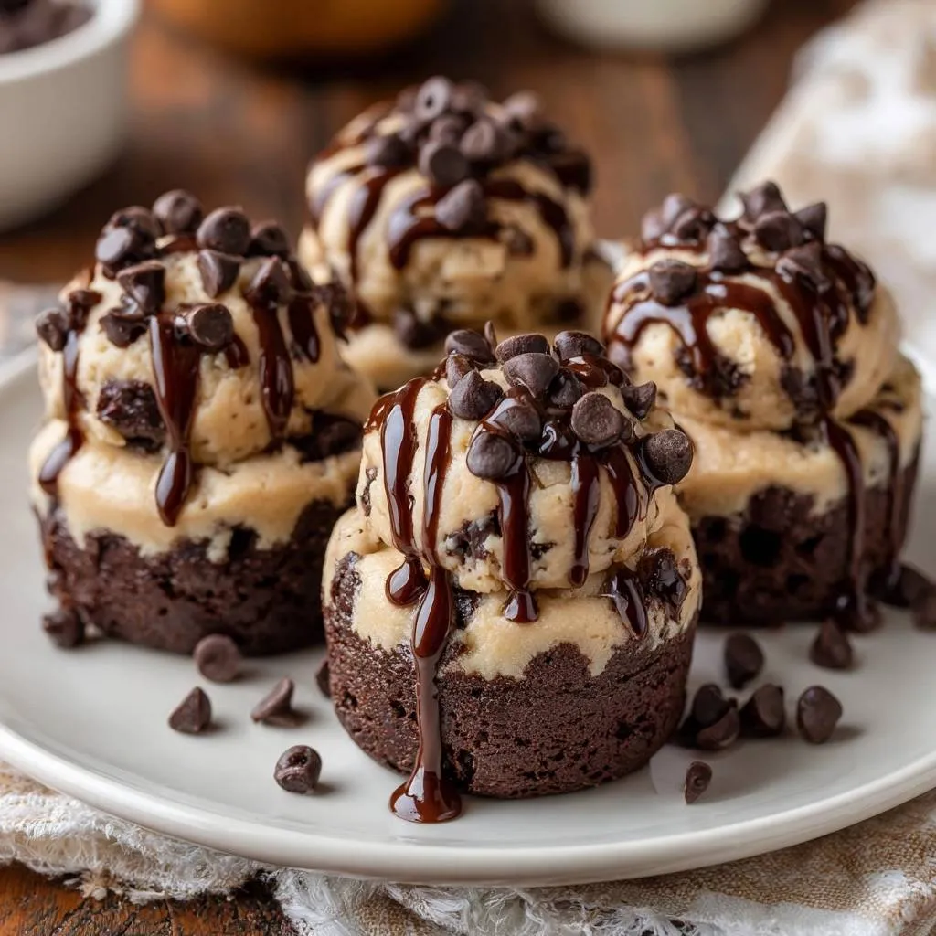 Mini peanut butter brownie cheesecakes plated with a topping of chocolate chips and chocolate drizzle, showcasing a decadent dessert.
