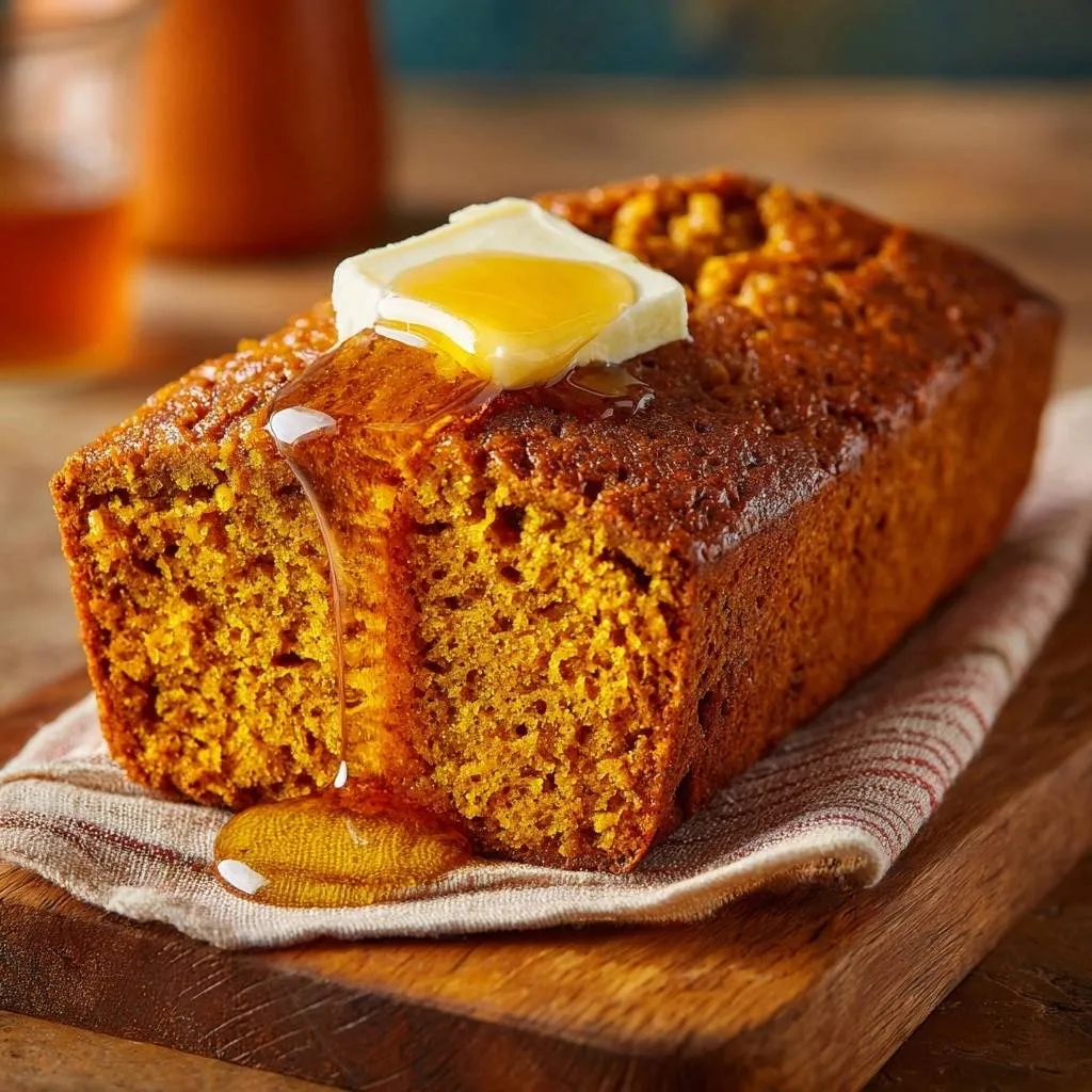 Moist pumpkin bread with a slice of butter and honey drizzling down the side.