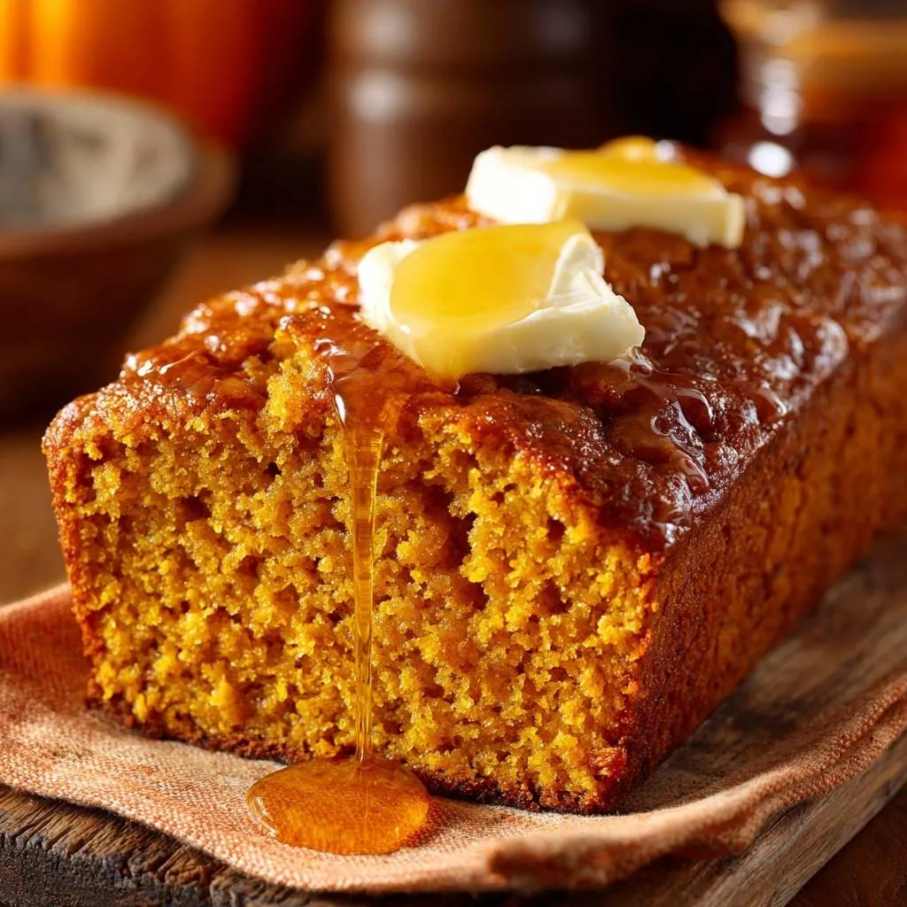Moist pumpkin bread topped with butter and dripping with honey, showcasing its rich texture.