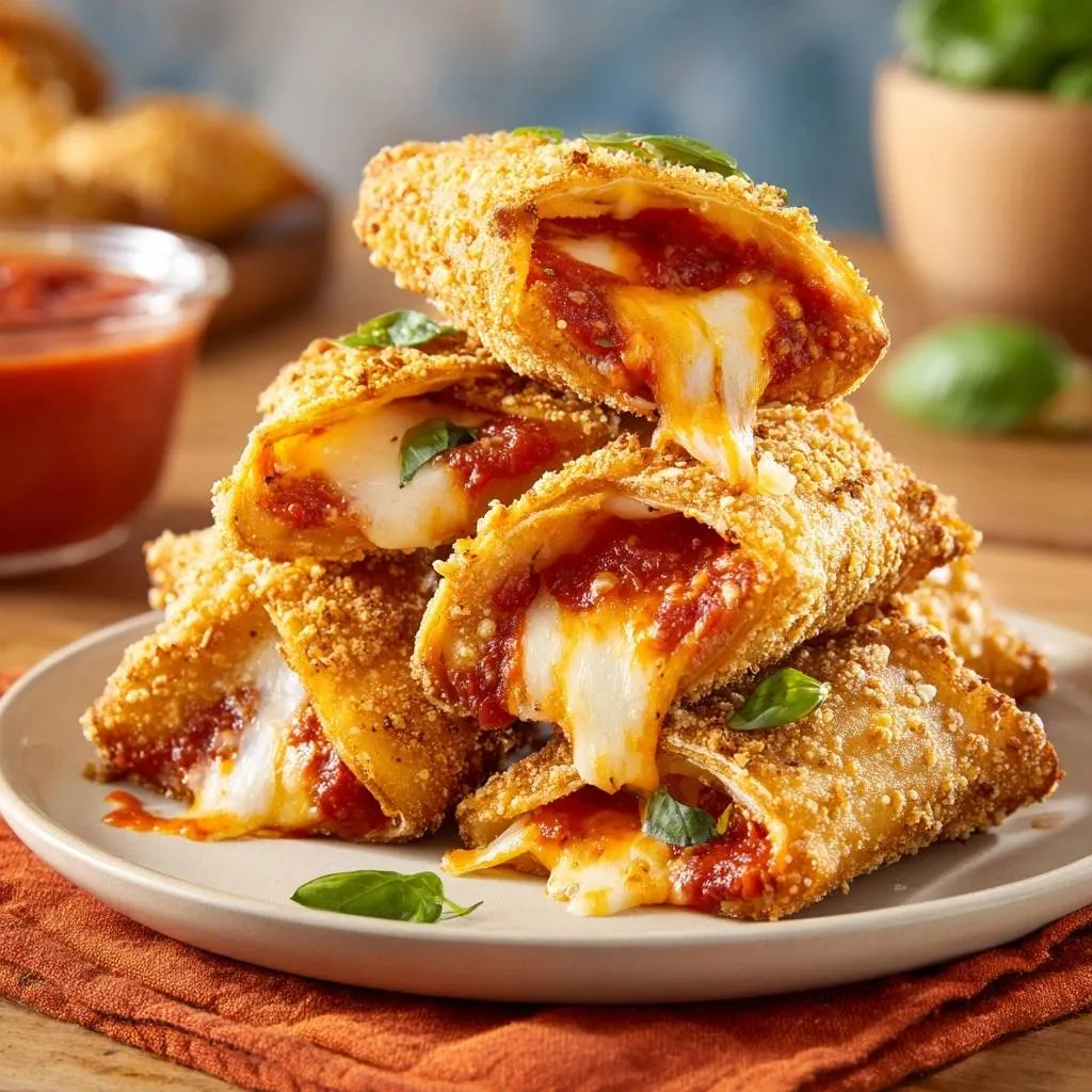 Crispy Mozzarella Manicotti Rolls cross-section showing gooey melted cheese and marinara sauce, garnished with fresh basil.