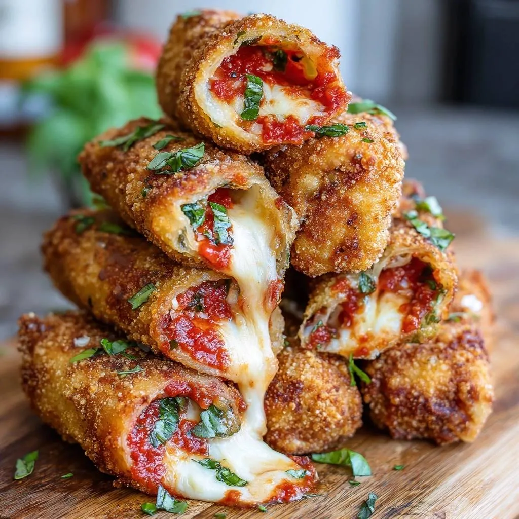 Crunchy Mozzarella Marinara Rolls showing a gooey cheese pull and marinara filling in a close-up cross-section.