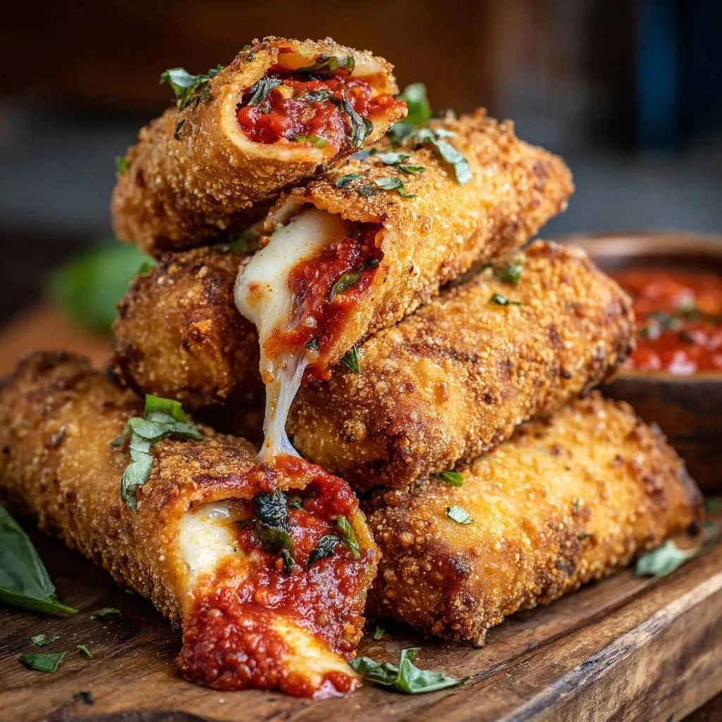 Crunchy Mozzarella Marinara Rolls with gooey cheese oozing out from a cross-section.