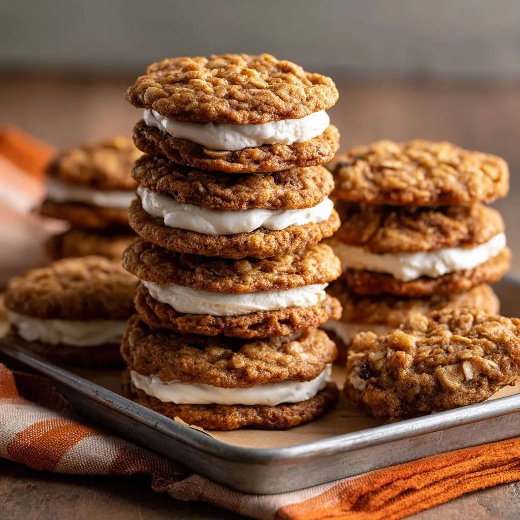 Oatmeal cream pies with chewy centers stacked high, showcasing the creamy white filling between the cookies.