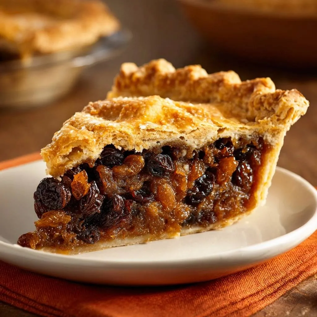 Old-fashioned raisin pie with a crisp crust, shown in a close-up cross-section revealing the sweet fruit filling.