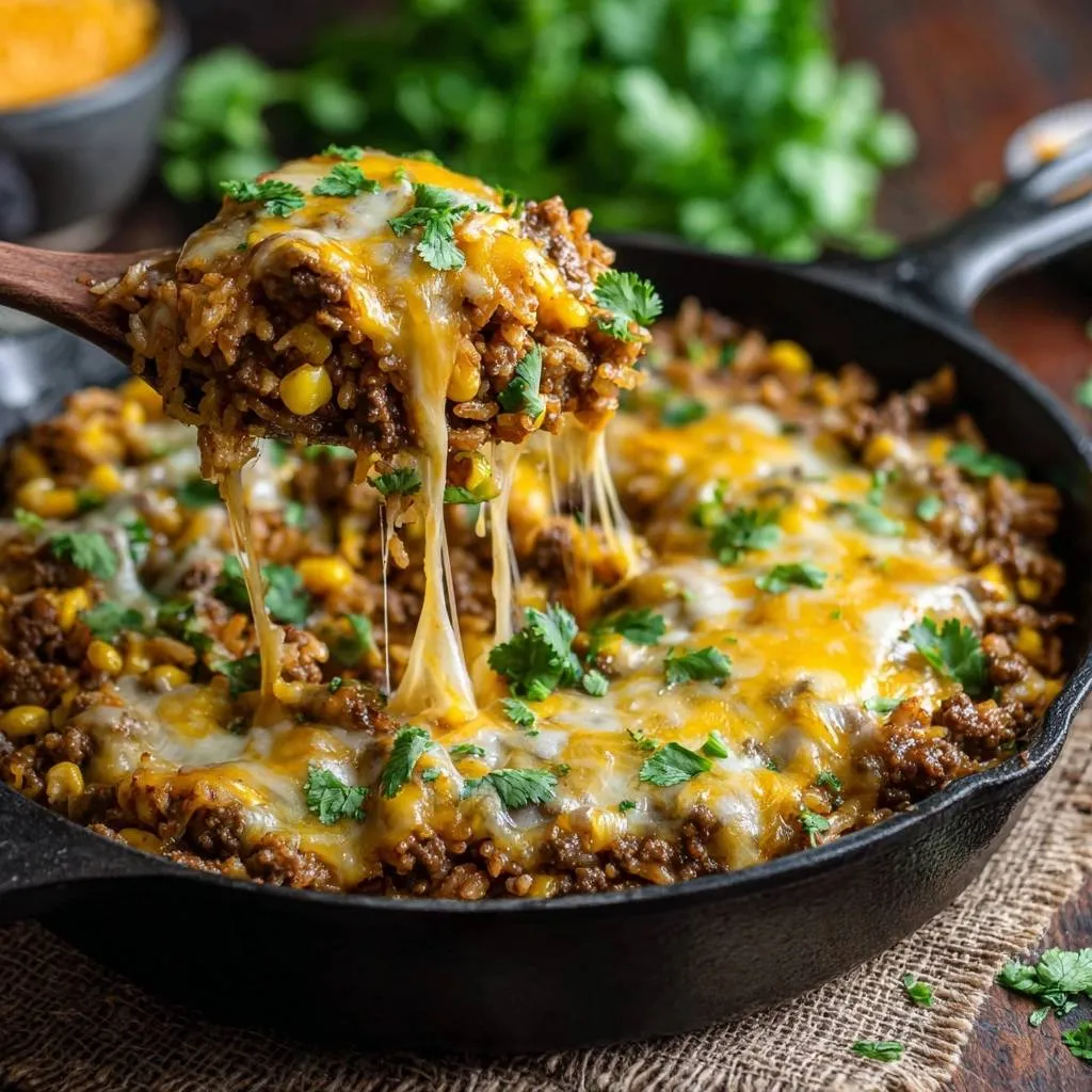 One-Pan Cheesy Beef and Rice Skillet - recipe image