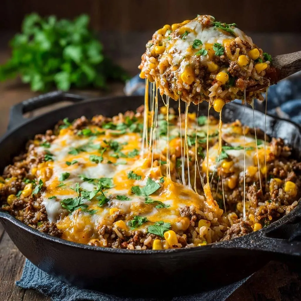One-pan cheesy beef and rice skillet with melted cheese stretching from a spoonful, showing a generous portion.