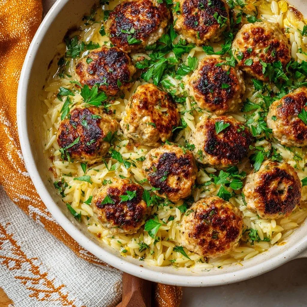One-pan chicken meatballs with orzo served in a creamy sauce and garnished with fresh parsley.