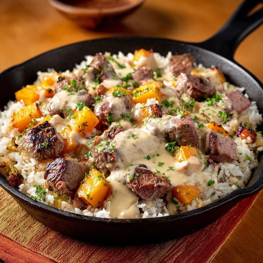One-pan creamy beef and pumpkin rice skillet served in a cast iron pan, showcasing tender beef and squash.