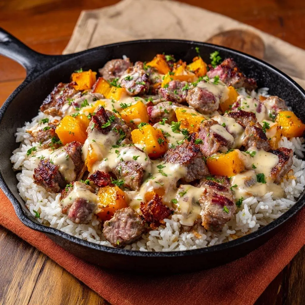 One-pan creamy beef and pumpkin rice skillet served in a cast-iron pan, showing a close-up view of the dish.