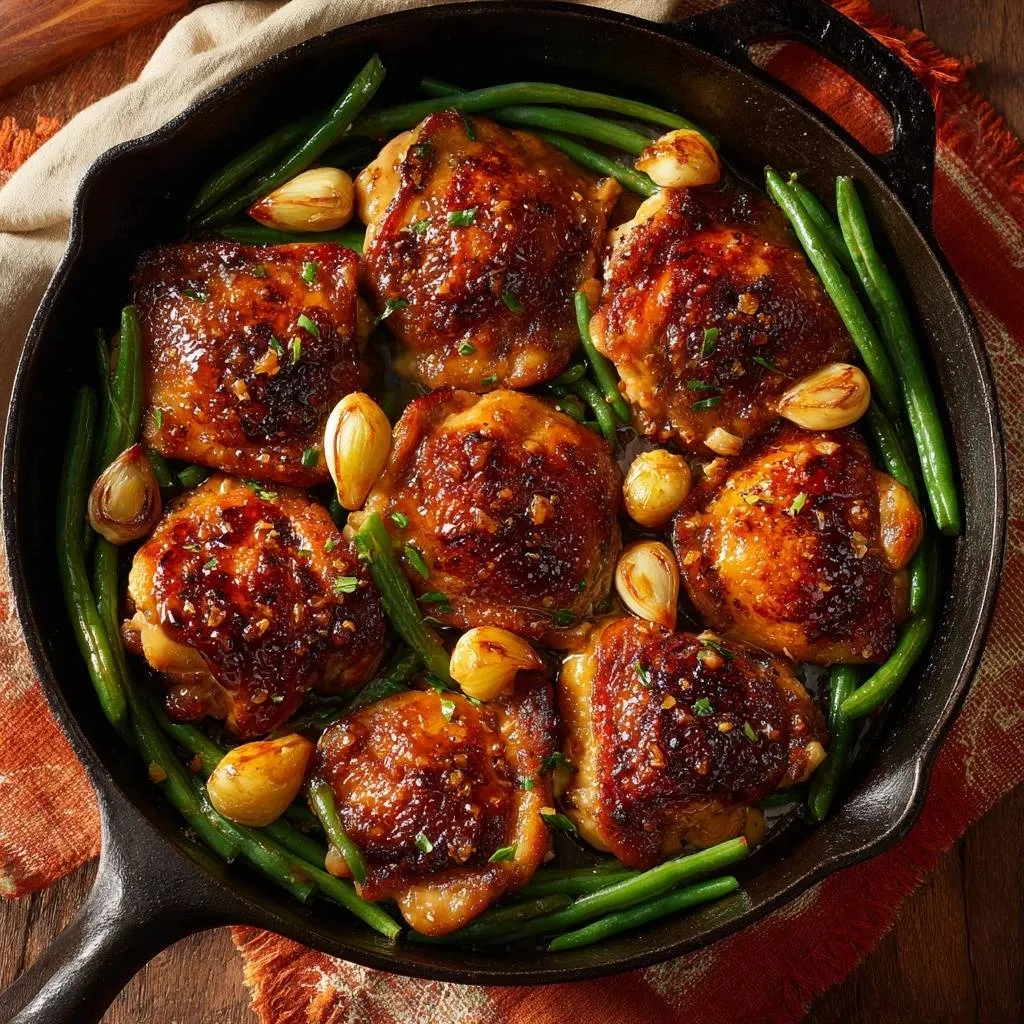 One-pan honey garlic chicken thighs with green beans and garlic, presented in a cast-iron skillet from an overhead view.