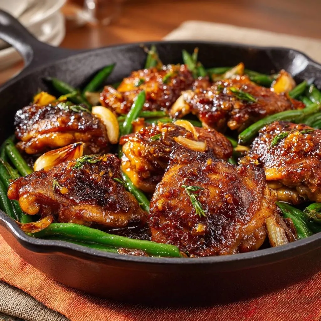 One-pan honey garlic chicken thighs with green beans shown in a close-up view within a cast iron skillet.