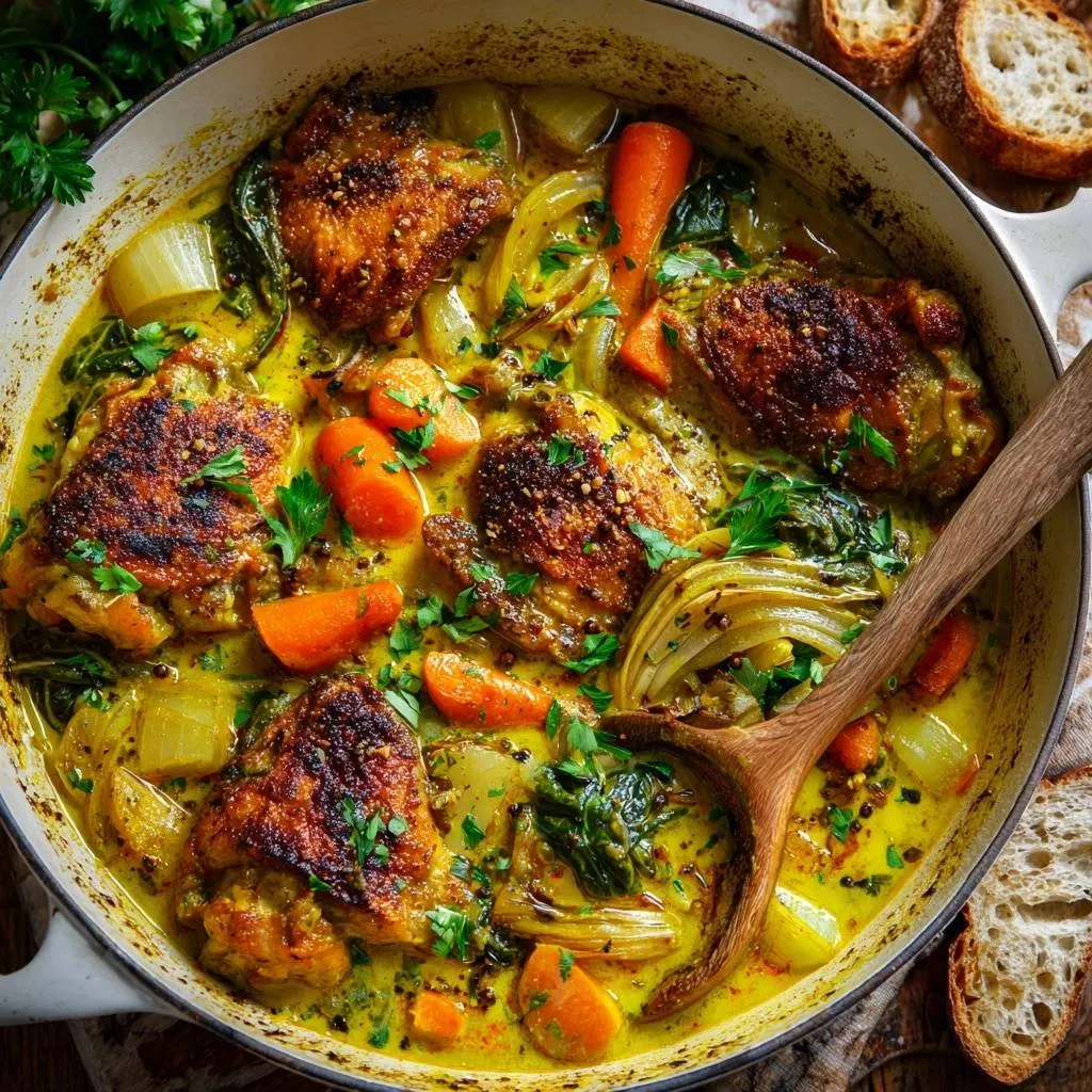 One-pot creamy chicken curry served in a white pot with a wooden spoon and crusty bread.