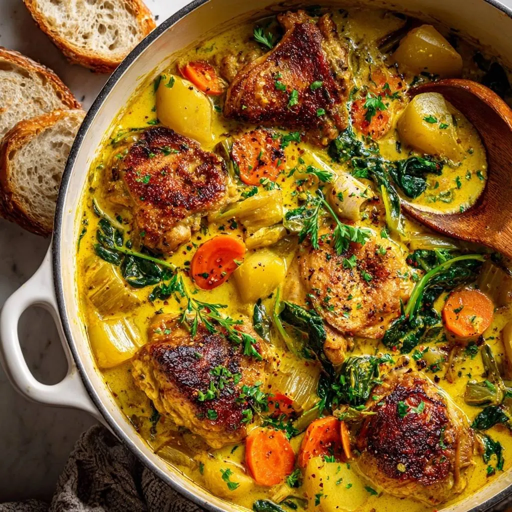 One-pot creamy chicken curry served in a white pot with bread slices and a wooden spoon.