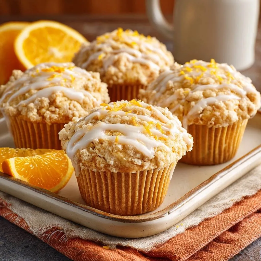 Orange crumb muffins with crunchy streusel topping, a close-up view showcasing the detailed texture of the crumb and glaze.