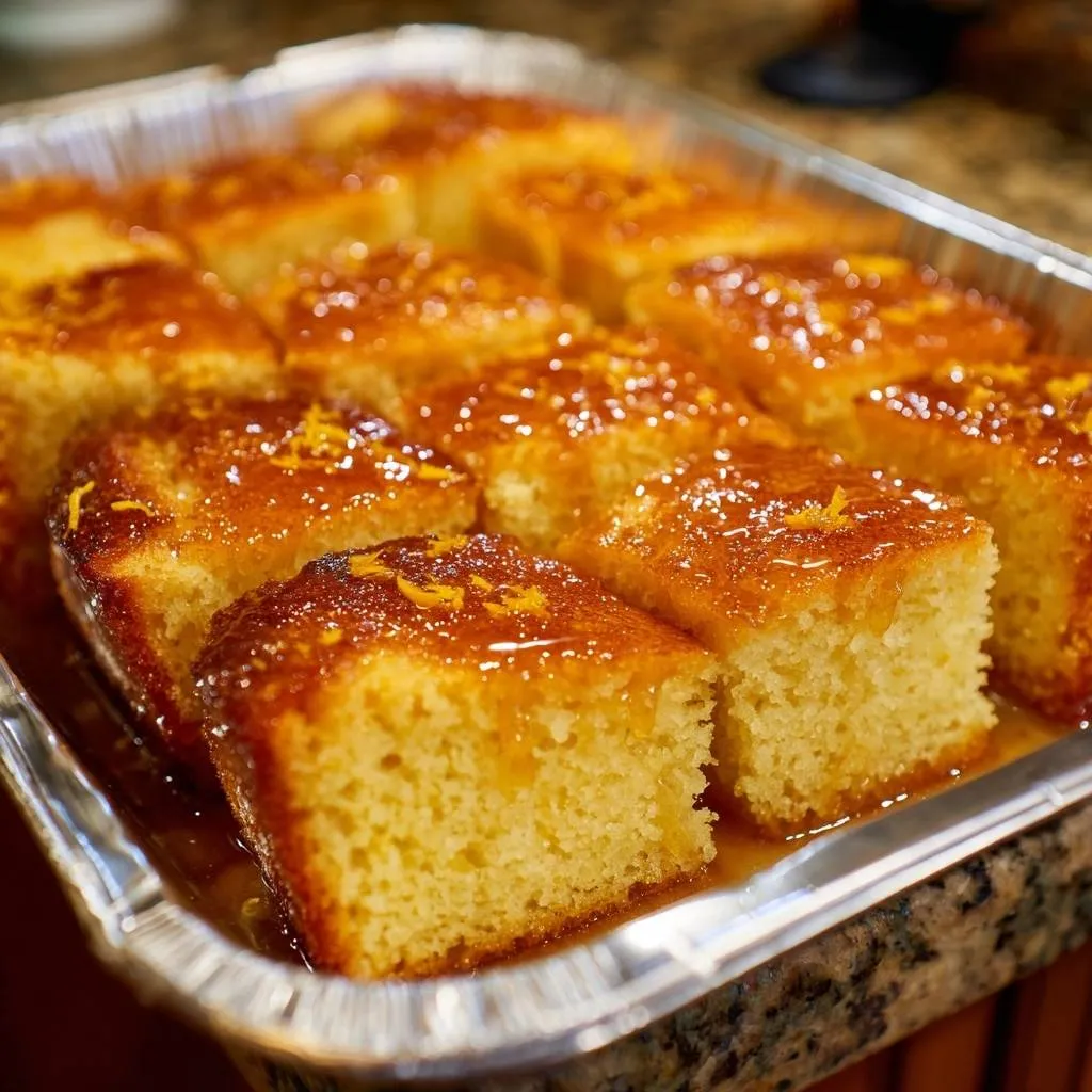 Orange glazed cake squares with a close-up view of the glistening citrus glaze and zest topping.