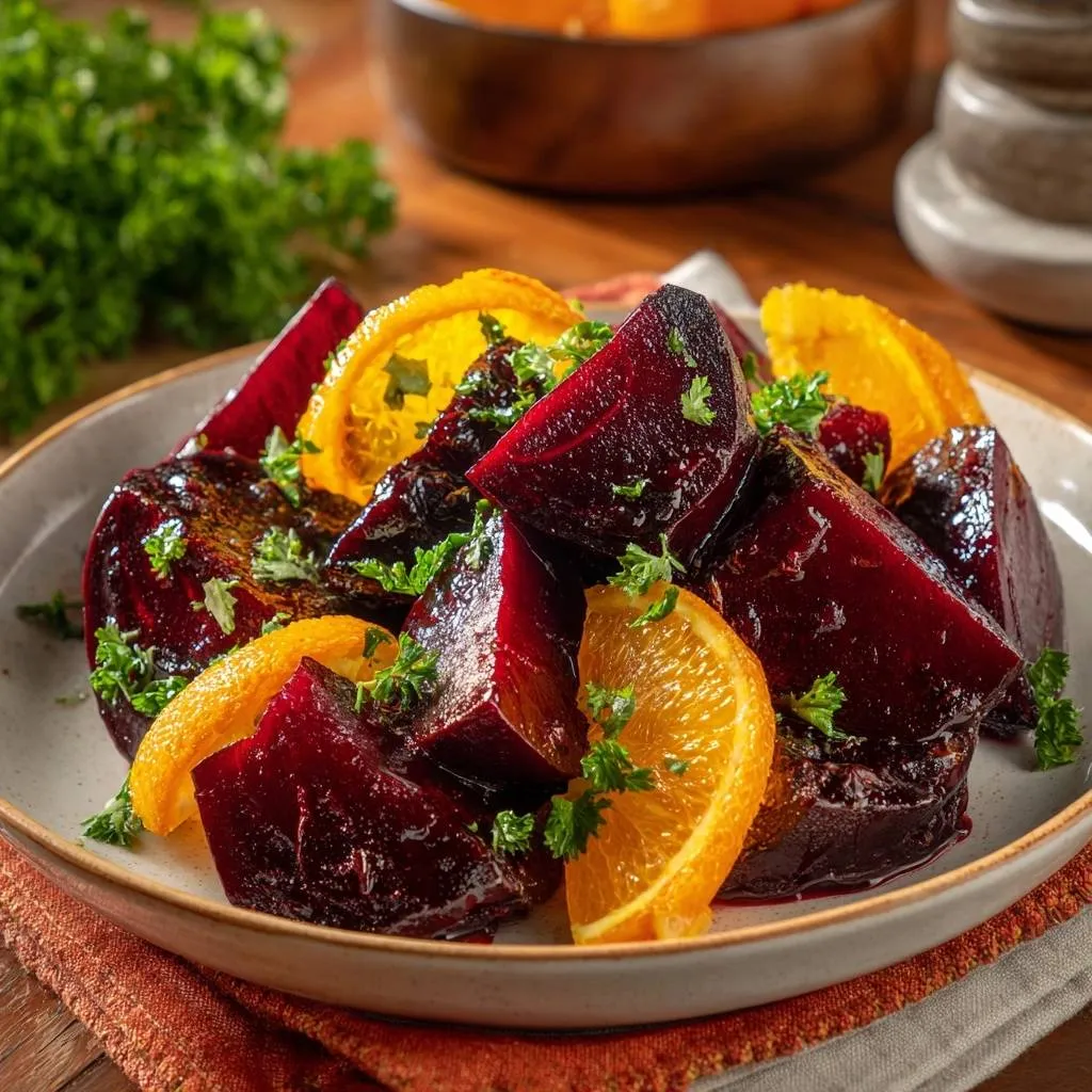 Orange glazed roasted beets recipe, a close-up view of the plated dish with fresh parsley garnish.